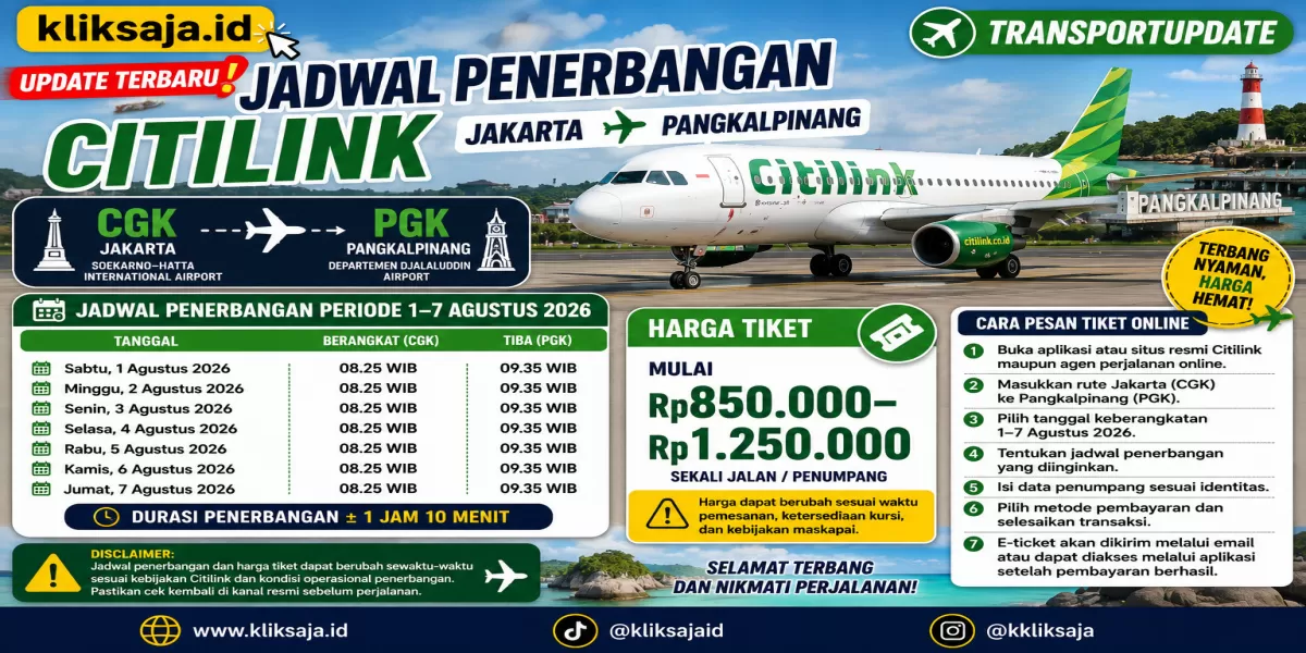 Update Terbaru! Jadwal Penerbangan Citilink Jakarta&ndash;Pangkalpinang Periode 1&ndash;7 Agustus 2026, Harga Tiket dan Cara Pesan Online (Ilustrasi gambar )