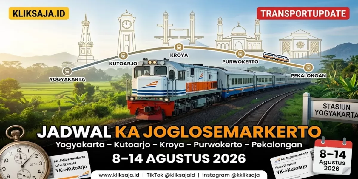 Yuk Cek Jadwal KA Joglosemarkerto Periode 8 &ndash; 14 Agustus 2026, Rute Yogyakarta &ndash; Kutoarjo &ndash; Kroya &ndash; Purwokerto &ndash; Pekalongan Lengkap dengan Harga Tiket (Ilustrasi gambar )