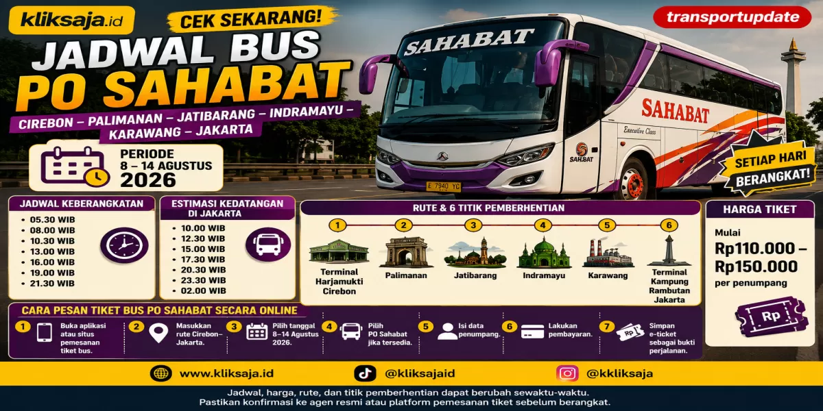 Cek Sekarang! Jadwal Bus PO Sahabat Rute Cirebon &ndash; Palimanan &ndash; Jatibarang &ndash; Indramayu &ndash; Karawang &ndash; Jakarta Periode 8 &ndash; 14 Agustus 2026 (Ilustrasi gambar )