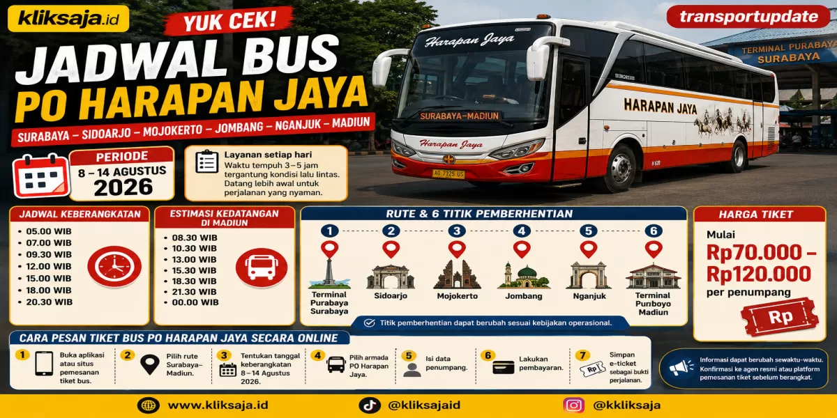 Yuk Cek! Jadwal Bus PO Harapan Jaya Rute Surabaya &ndash; Sidoarjo &ndash; Mojokerto &ndash; Jombang &ndash; Nganjuk &ndash; Madiun Periode 8 &ndash; 14 Agustus 2026 (Ilustrasi gambar )