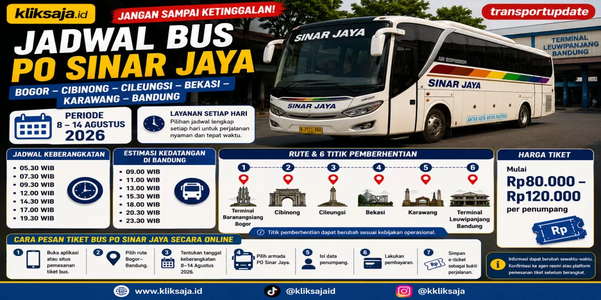 Jangan Sampai Ketinggalan! Jadwal Bus PO Sinar Jaya Bogor &ndash; Cibinong &ndash; Cileungsi &ndash; Bekasi &ndash; Karawang &ndash; Bandung Periode 8 &ndash; 14 Agustus 2026 (Ilustrasi gambar )