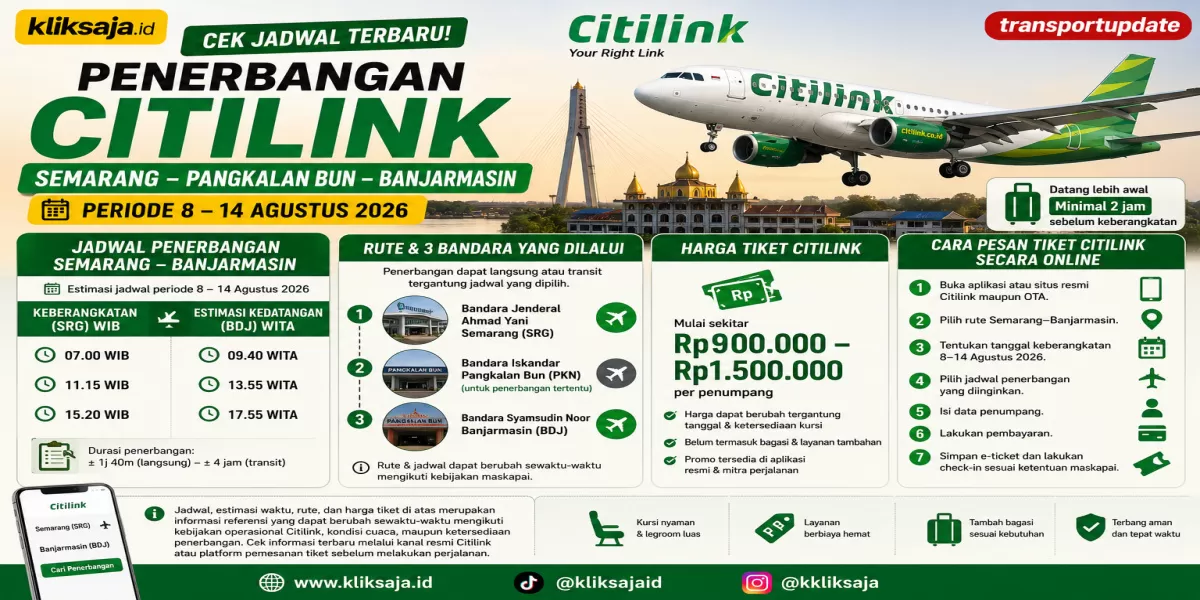 Cek Jadwal Terbaru! Penerbangan Citilink Semarang &ndash; Pangkalan Bun &ndash; Banjarmasin Periode 8 &ndash; 14 Agustus 2026, Lengkap Cara Pesan Tiket Online (Ilustrasi gambar )