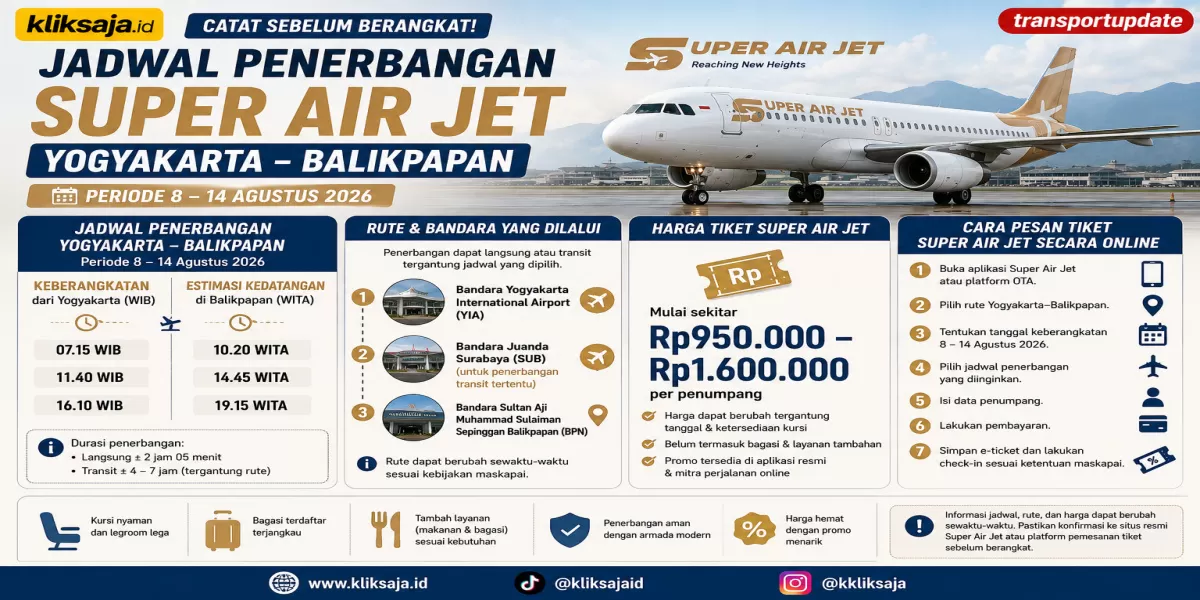 Catat Sebelum Berangkat! Jadwal Super Air Jet Yogyakarta&ndash;Balikpapan 8&ndash;14 Agustus 2026, Tarif, Jam Terbang, dan Informasi Rute Lengkap (Ilustrasi gambar )