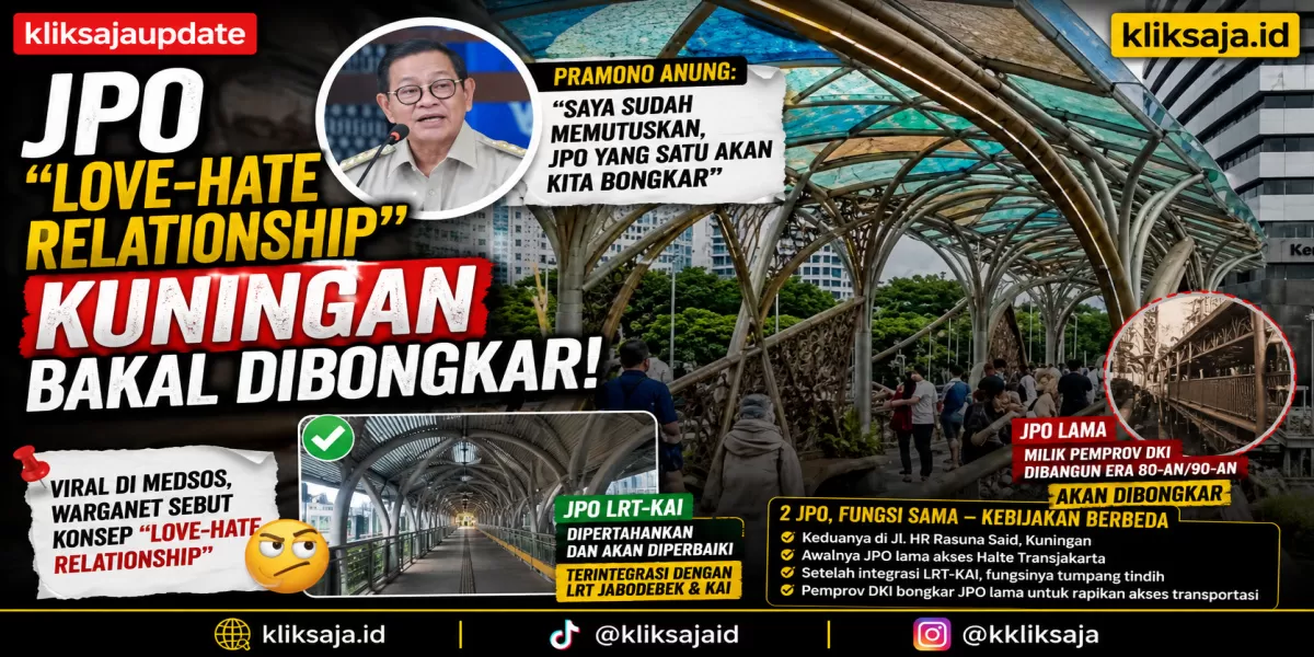 JPO &ldquo;Love-Hate Relationship&rdquo; Kuningan Bakal Dibongkar, Pramono Anung Pilih Pertahankan JPO LRT-KAI (Menyoroti viralnya keluhan warga Jakarta Selatan ihwal JPO di Rasuna Said yang disindir punya konsep love-hate relationship. (Instagram.com/@jakartaview.id))