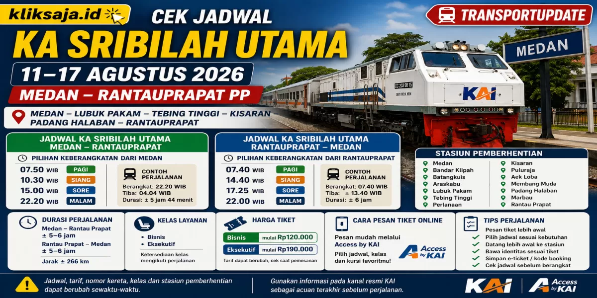 Cek Jadwal KA Sribilah Utama 11&ndash;17 Agustus 2026 Rute Medan - Lubuk Pakam - Tebing Tinggi - Kisaran - Padang Halaban - Rantau Prapat (Ilustrasi gambar )