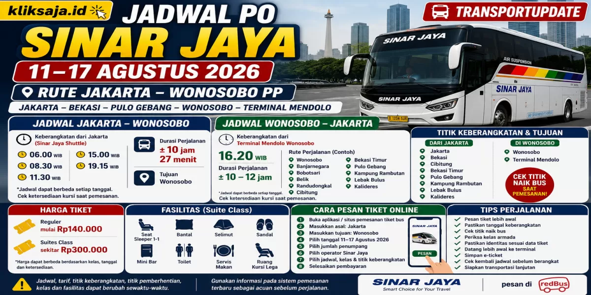 Catat Jadwal PO Sinar Jaya Periode 11&ndash;17 Agustus 2026 Rute Jakarta - Bekasi - Pulo Gebang - Wonosobo - Terminal Mendolo (Ilustrasi gambar )