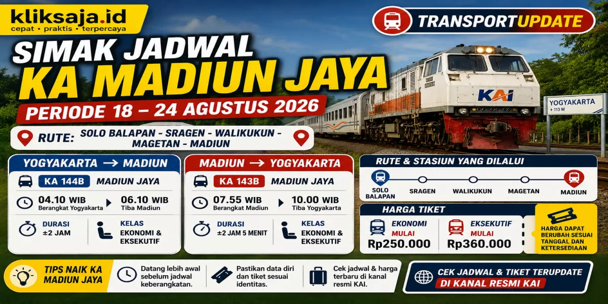 Simak Jadwal KA Madiun Jaya Periode 18 &ndash; 24 Agustus 2026 Rute Solo Balapan - Sragen - Walikukun - Magetan - Madiun (Ilustrasi gambar )