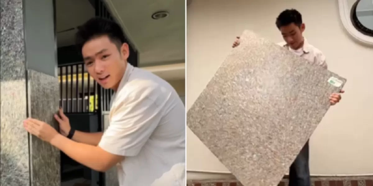 Jerhemy Owen menunjukkan papan bangunan hasil daur ulang sampah sachet yang kini menghiasi pabrik mini miliknya, estetis dan ramah lingkungan. (Instagram @jerhemynemo)