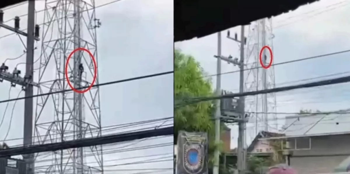 Viral terkait aksi nekat pemuda di Sidoarjo, Jawa Timur yang diduga panjat tower seluler akibat frustasi hubungan asmaranya kandas. (Instagram.com/@ini_surabaya)