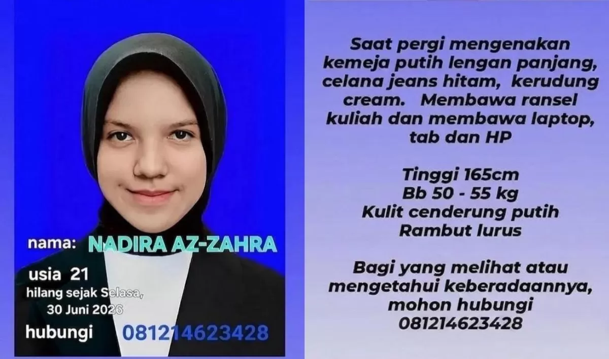 Belum Ditemukan, Mahasiswi Telkom University Nadira Az-Zahra Hilang Sejak 30 Juni 2026 (Istimewa)