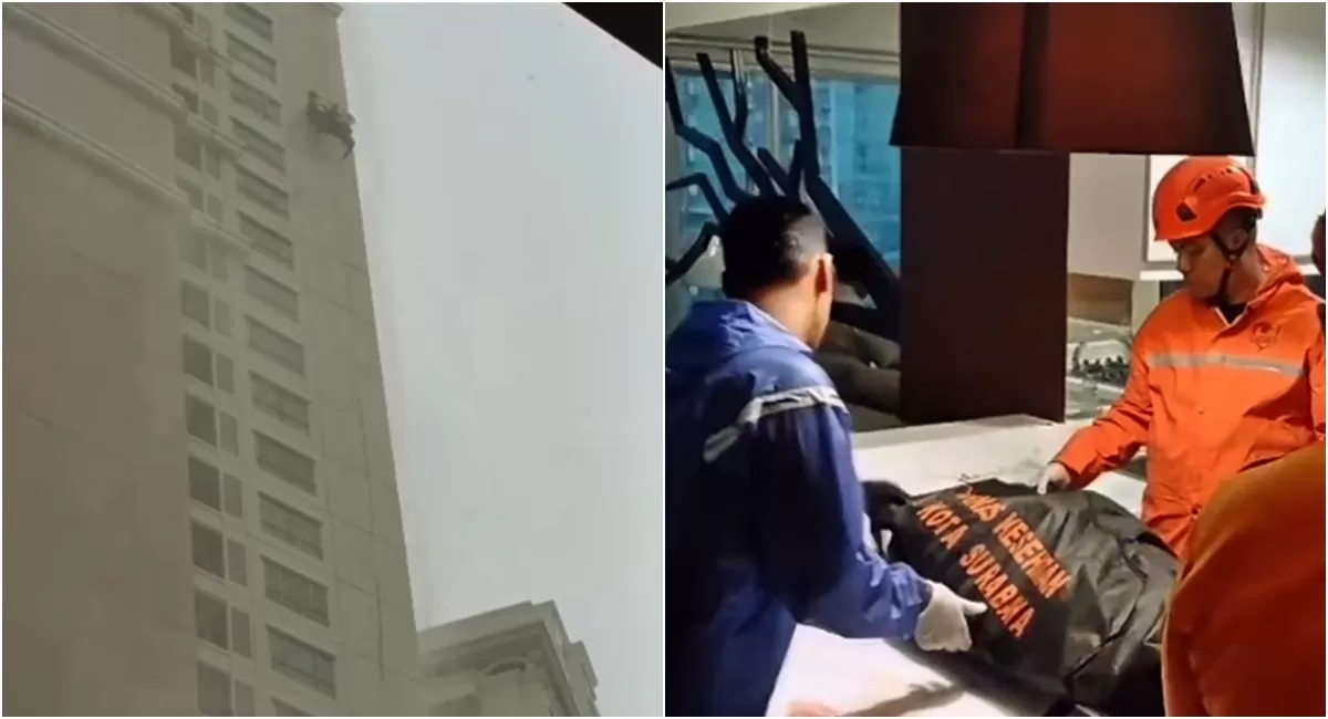 Insiden tragis pembersih kaca apartemen yang meninggal dunia usai terombang-ambing di ketinggian saat hujan deras disertai angin kencang menerjang Surabaya (Instagram/callcentersurabaya)