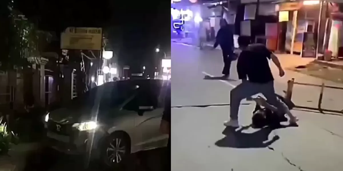 Momen pelaku begal terjatuh setelah ditabrak mobil oleh suami korban yang berusaha menyelamatkan istrinya dari aksi kejahatan.  (X/txtdrbekasi)