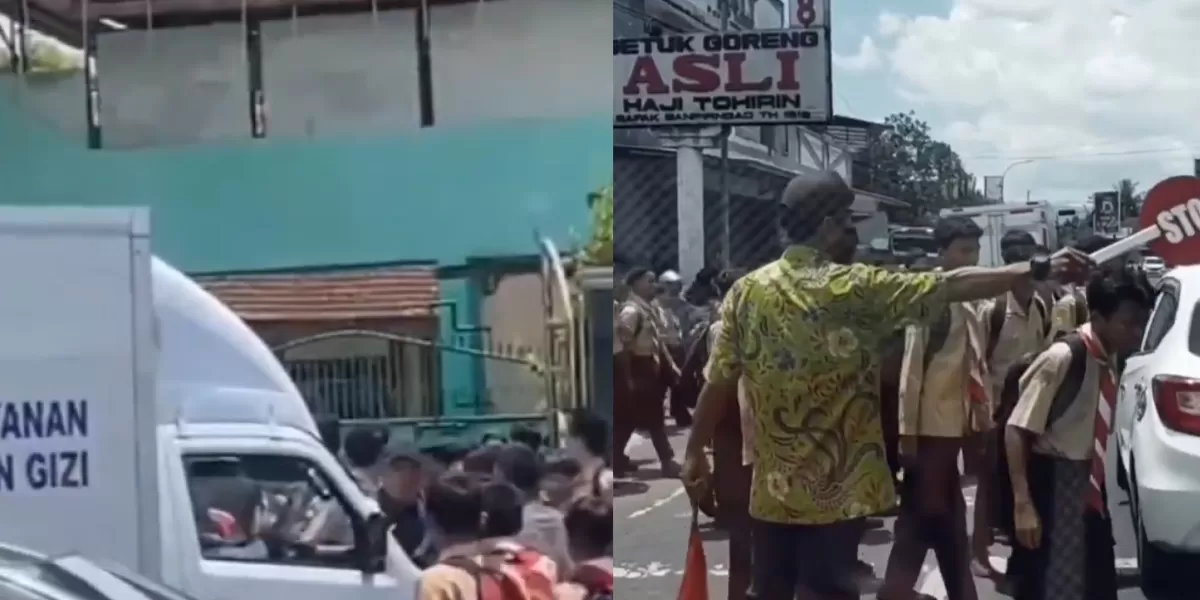 Kendaraan pengangkut ompreng program Makan Bergizi Gratis (MBG) tiba di gerbang sekolah saat kegiatan belajar telah selesai.  ((X/neVerAl0nely___/))