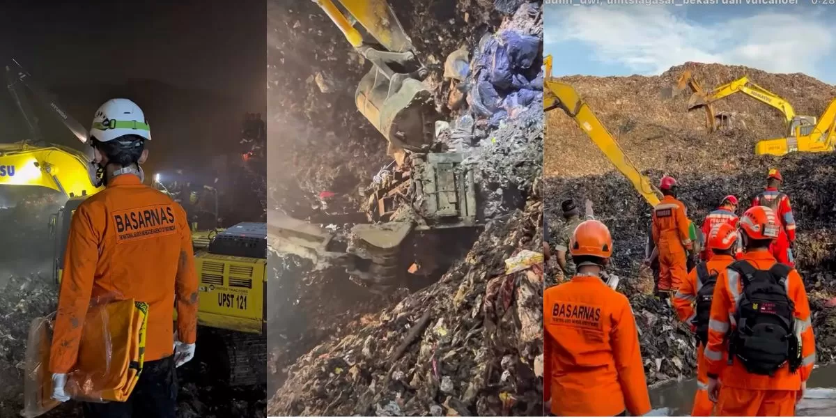 Tim SAR Gabungan saat proses evakuasi korban longsor TPST Bantargebang Bekasi (Instagram/@unitsiagasar_bekasi)