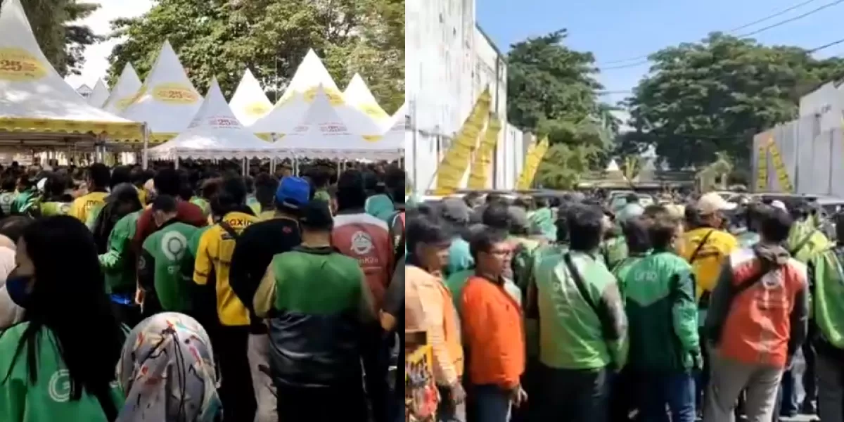 Ratusan driver ojek online memadati area Bakpia Pathok 25 Ngampilan, Yogyakarta untuk mengambil THR yang dibagikan menjelang Lebaran. (X/merapi_uncover)