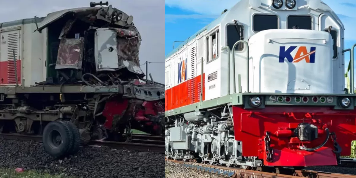 Perbandingan kondisi lokomotif KA Menoreh setelah kecelakaan pada Januari 2026 dan setelah berhasil diperbaiki menjelang mudik Lebaran. (X/sahabat_kereta)