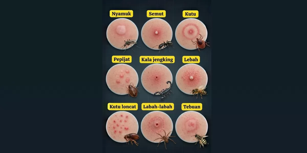 Ilustrasi berbagai bentuk bekas gigitan serangga pada kulit yang dapat membantu mengenali jenis serangga penyebabnya.  (X/tb_siswadi)