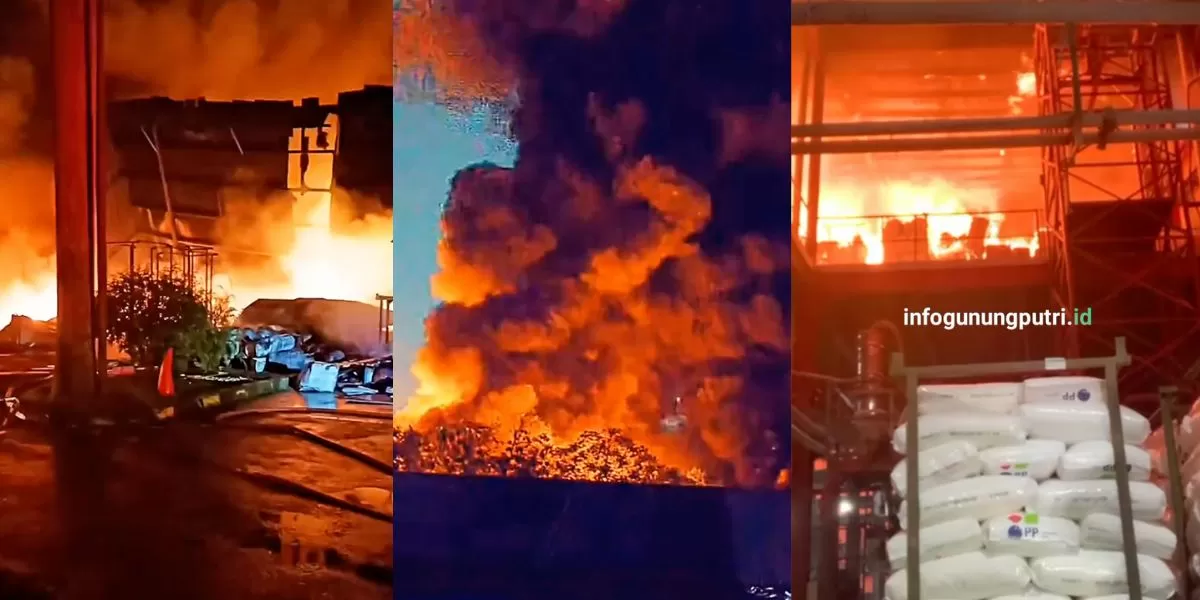 Kondisi pabrik plastik di Bogor yang terbakar (Kolase Instagram/@infogunungputri.id, X/@dhemit_is_back)