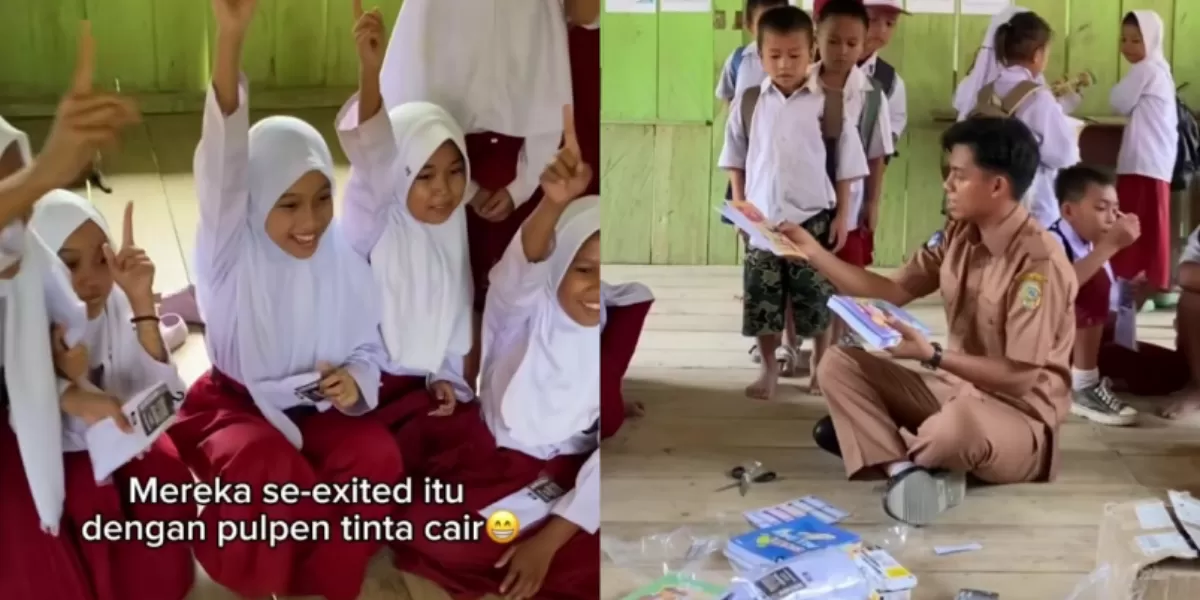 Momen siswa SD Negeri Terpencil Bainaa Barat yang antusias mendapatkan peralatan sekolah.   (Instagram/najib_nadir)