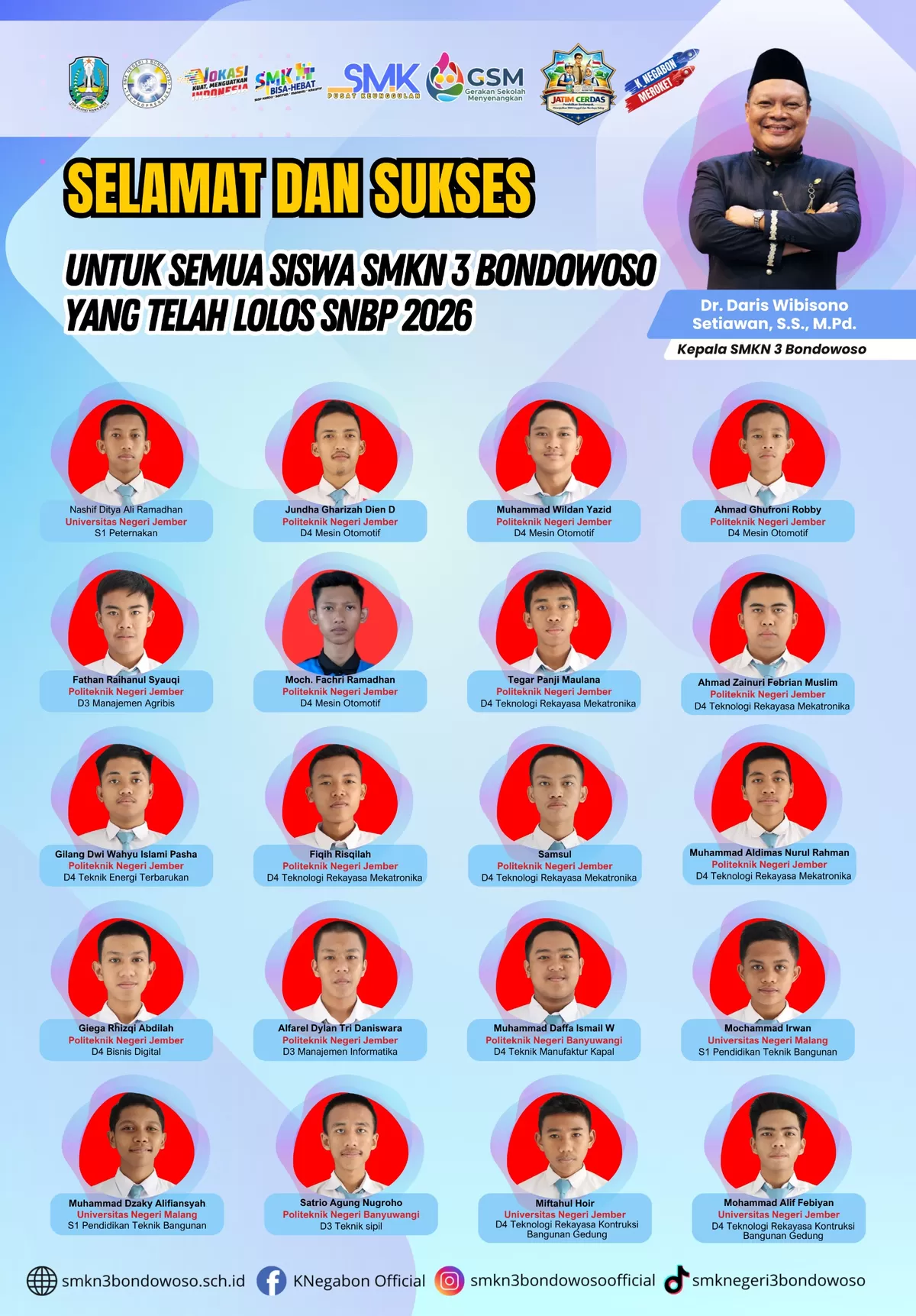 Flayer ucapan selamat kepada 20 siswa SMKN 3 Bondowoso yang diterima PTN tanpa tes. (SketsaNusantara.id)