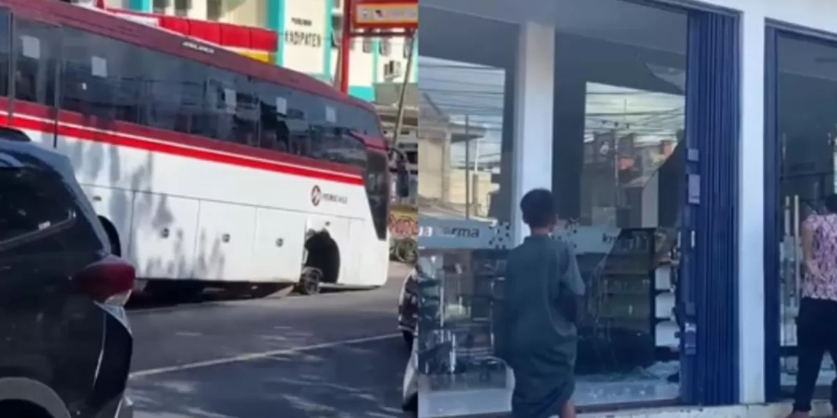 Ban bus primajasa yang meluncur ke arah apotek di jalan pertigaan Pamoyanan, Tasikmalaya.   (Instagram.com/@tasiknet)