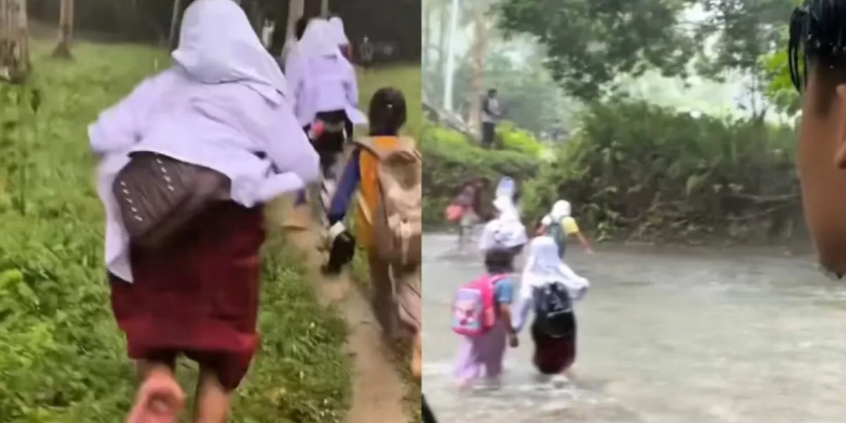 Siswa SD di wilayah pelosok Sulawesi Tengah menyeberangi sungai sebelum meluap saat pulang sekolah.  (Instagram/najib_nadir)