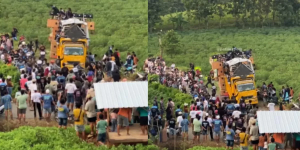 Truk bermuatan sound horeg hampir terguling saat berada di jalan tanjakan wilayah Tlogowungu, Pati.   (Instagram.com/@patisakpore)