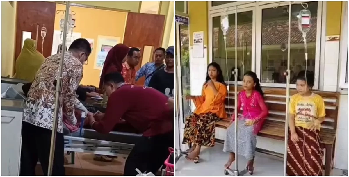 Potret siswa SDN Balongmulyo dilarikan ke Puskesmas diduga keracunan menu MBG setelah makan buah dan minum susu kemasan  (Instagram/feedgramindo)