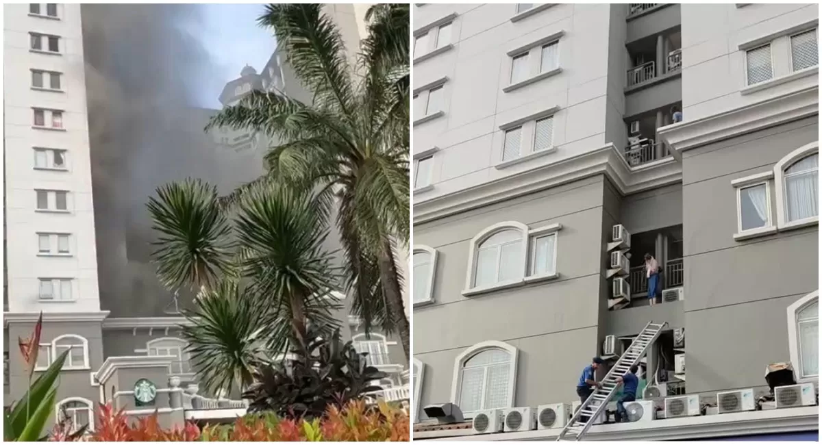 Kebakaran apartemen Mediterania di kawasan Tanjung Duren, Jakarta Barat yang mengakibatkan banyak penghuni terjebak di lantai atas (Instagram/jakartabarat24jam)