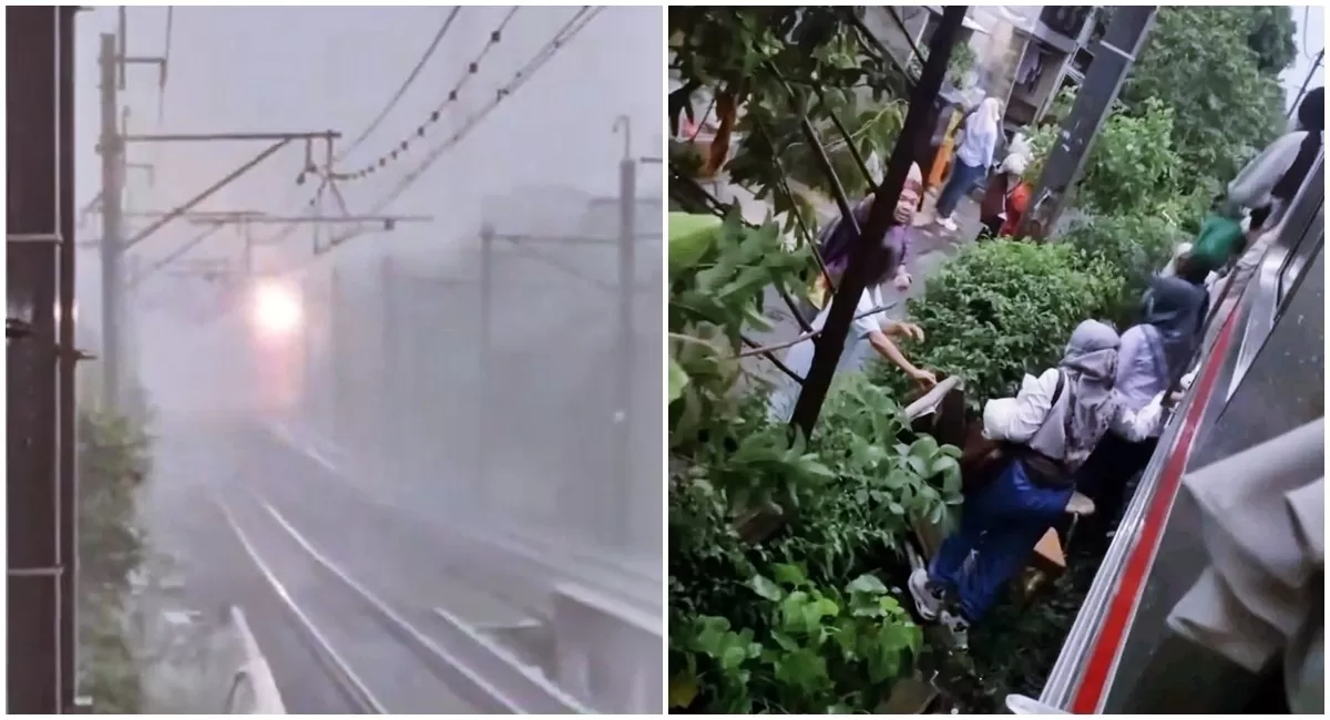 Potret percikan api usai kabel listrik tersambar petir yang membuat perjalanan KRL di stasiun Jurangmangu-Pondok Ranji terganggu hingga penumpang terjebak dan dievakuasi keluar kereta (X/NaraSenyap)