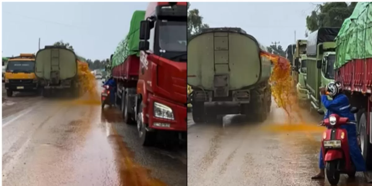Menyoroti insiden bocornya tangki minyak sawit dalam truk di Jalur Lintas Sumatera hingga viral di medsos.  (TikTok.com/@virdonrivaldi_)