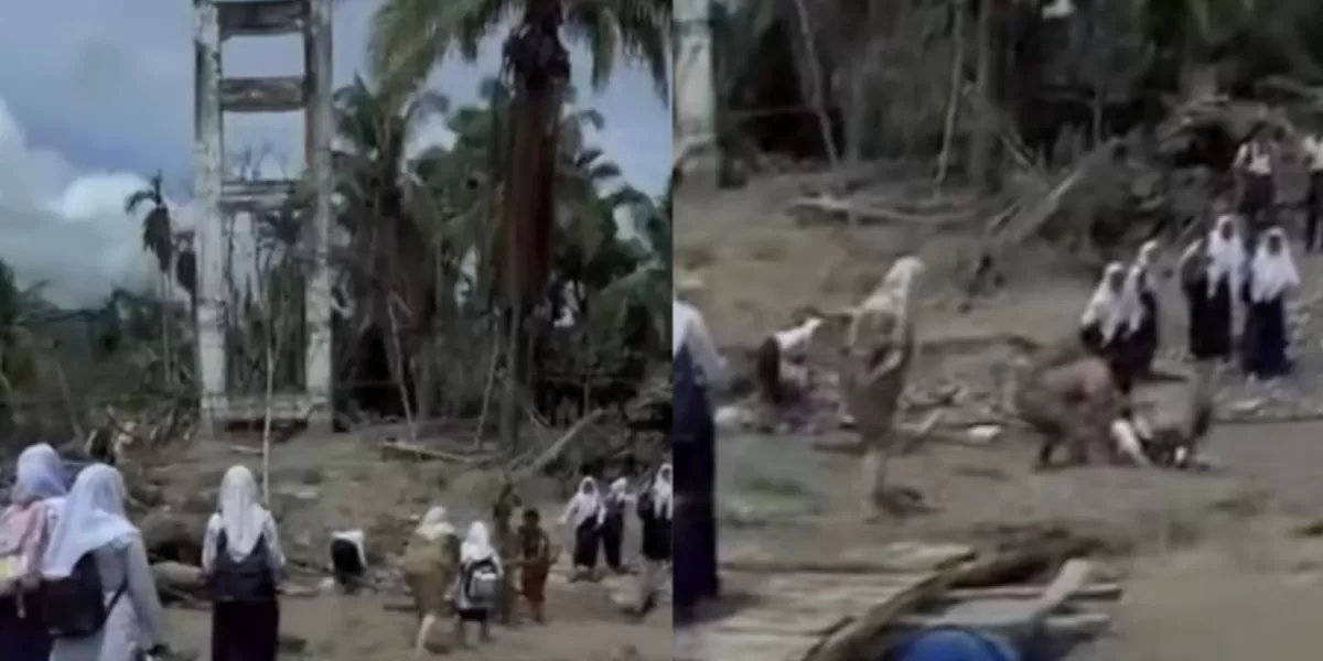 Viral siswa dan guru di Reje Payung Aceh Tengah menyeberangi sungai yang berarus deras.  (Instagram/serta_lia_gali)