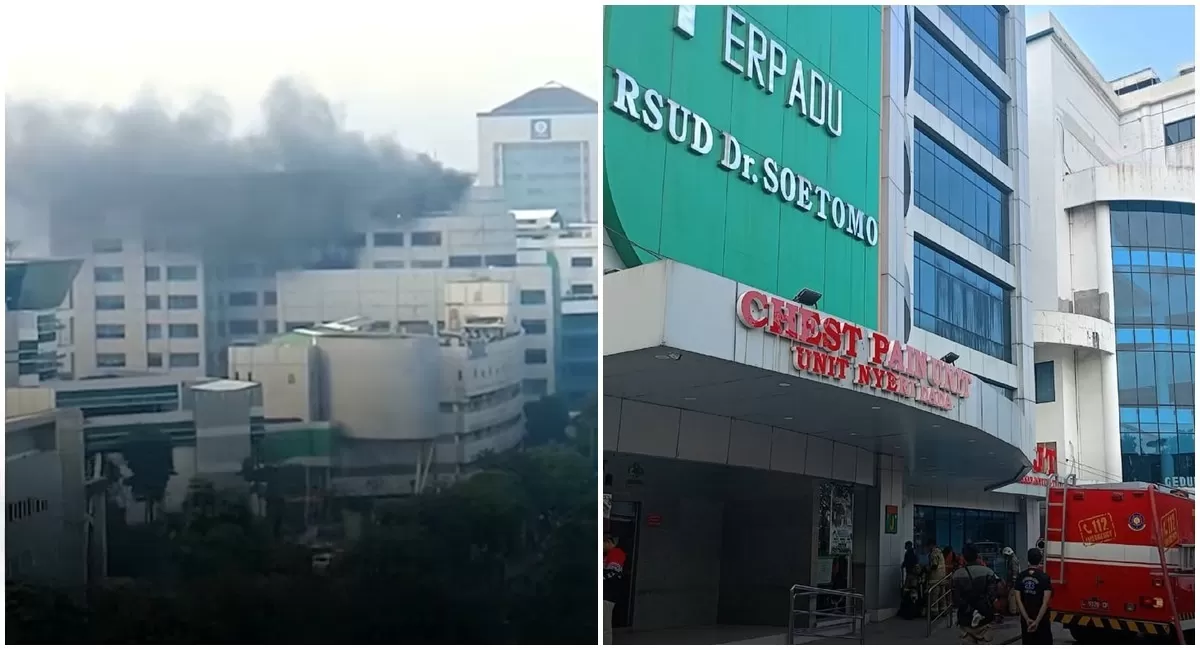 Potret kebakaran yang terjadi di gedung Pusat Pelayanan Jantung RSUD dr. Soetomo Surabaya diduga akibat korsleting listrik (Instagram/call112surabaya/bpbdsurabaya)