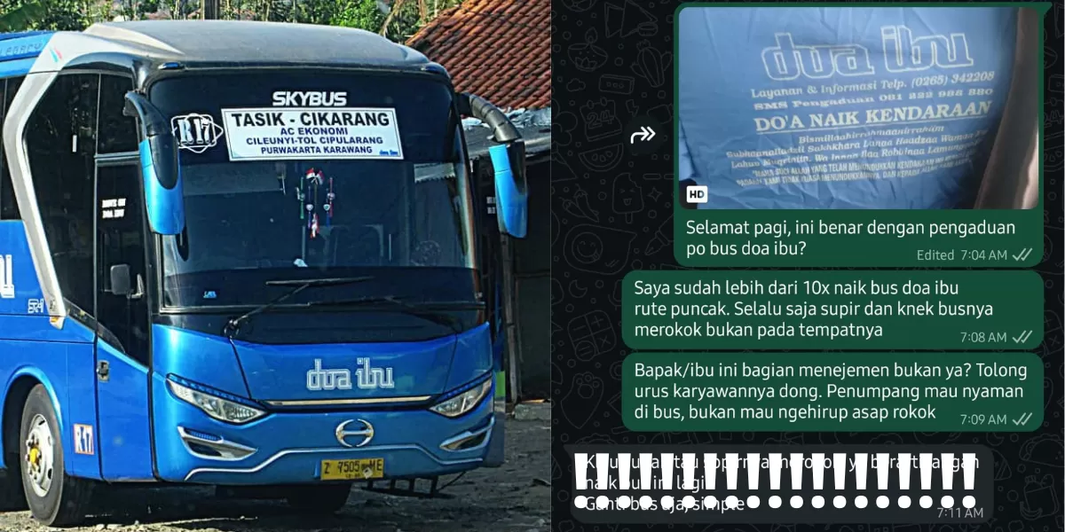Sebuah chat antara penumpang dengan manajemen armada bus Doa Ibu ini viral karena ngadu sebab sopir dan kernetnya merokok. Jawaban manajemennya bikin kaget.   (Instagram/antowafiq)