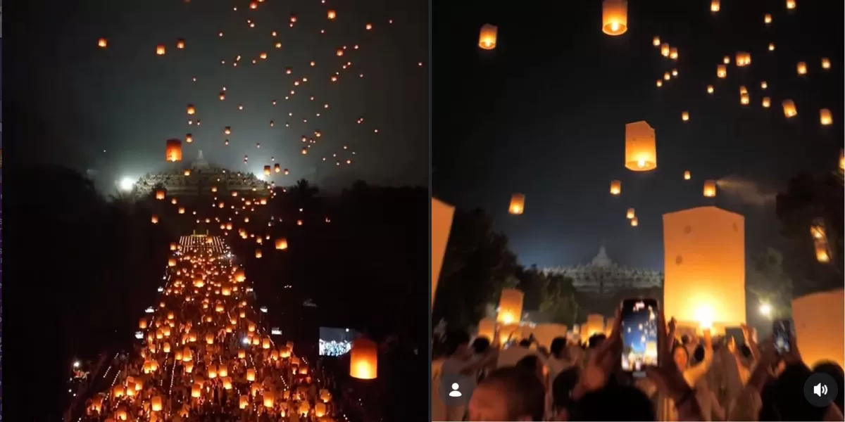 Momen pelapasan lampion di Candi Borobudur saat Waisak (Instagram @borobudurpark)