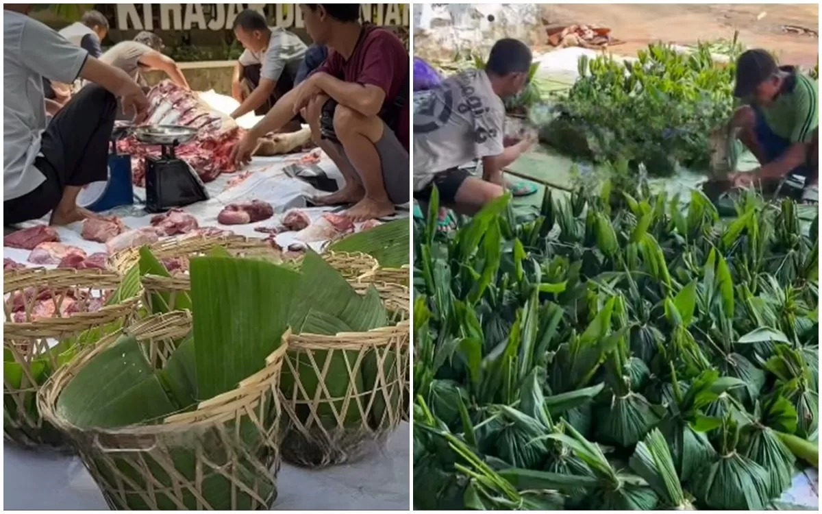 Potret pembagian daging kurban di Pekalongan Jawa Tengah hingga di Bogor Jawa barat tanpa plastik dan beralih menggunakan wadah bambu daun pisang (Instagram/kabupaten.bogor/rifkialif_24)