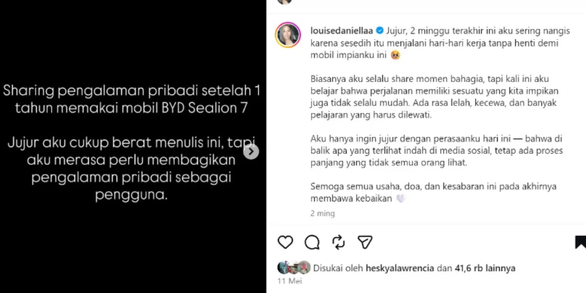 Unggahan Louise Daniella di Instagram yang menceritakan pengalaman pribadinya sebagai pengguna BYD Sealion 7. (Instagram/@louisedaniellaa)