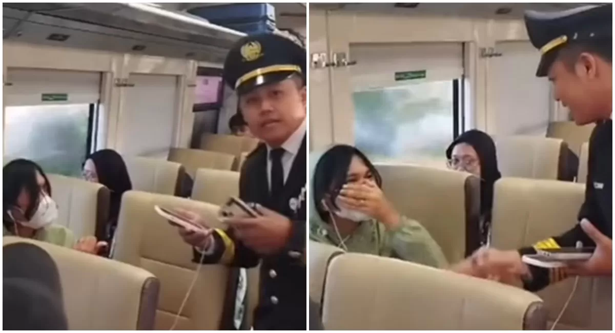 Momen penumpang kereta api didatangi petugas KAI hingga dikira kena blacklist karena tiket ilegal, dan ternyata cuma prank di hari ulang tahun (Instagram/lambegosiip)