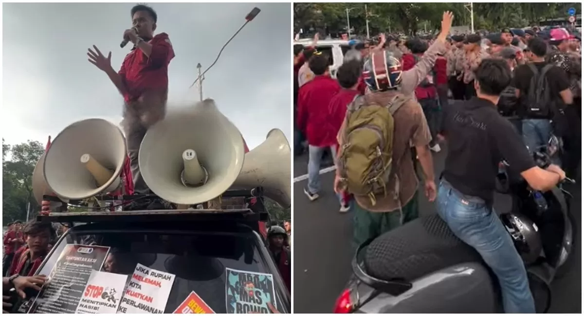 Potret aksi demo BEM Universitas Bung Karno yang rencananya ke Istana Negara, namun dihadang polisi hingga akhirnya mahasiswa diarahkan ke Jalan Medan Merdeka Selatan (Instagram/forumkeadilantv)