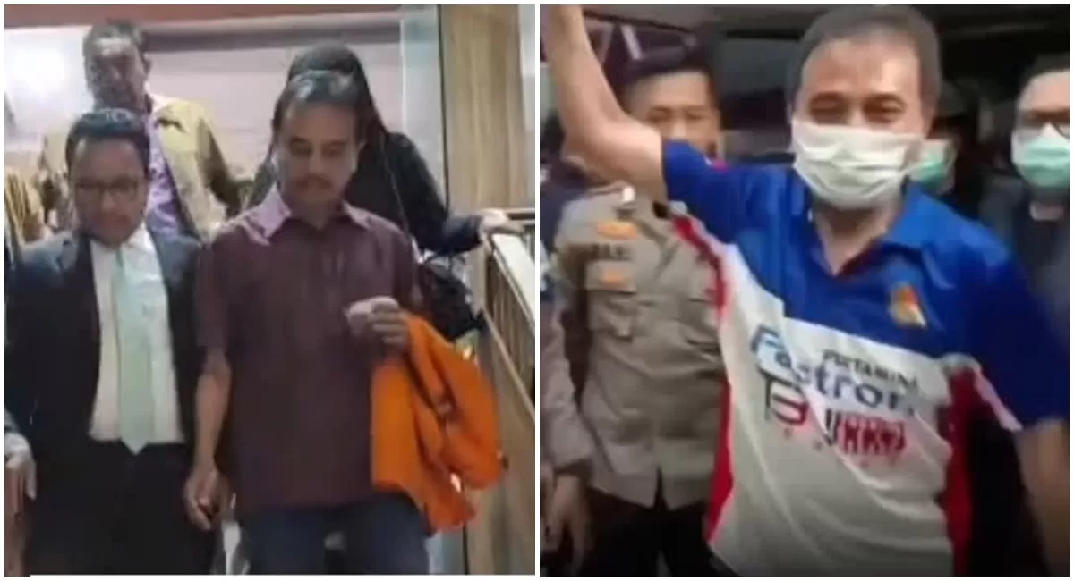 Potret Roy Suryo menolak pakai rompi oranye saat jalani tes kesehatan sebelum ditahan di Polda Metro Jaya setelah ditangkap sebagai tersangka kasus tudingan ijazah palsu Jokowi (Instagram/medsoszone)