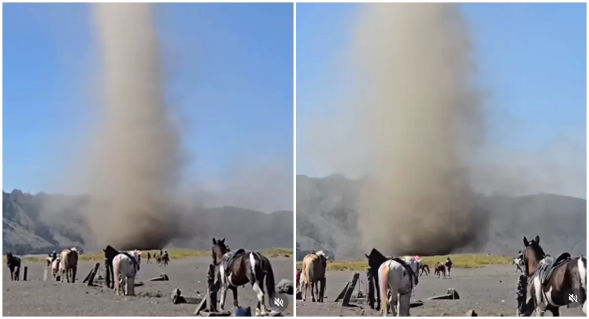 Potret fenomena dust devil, pusaran angin cukup besar seperti puting beliung atau tornado kecil yang kerap terjadi di Laut Pasir Bromo (Instagram/wisata_jatim)