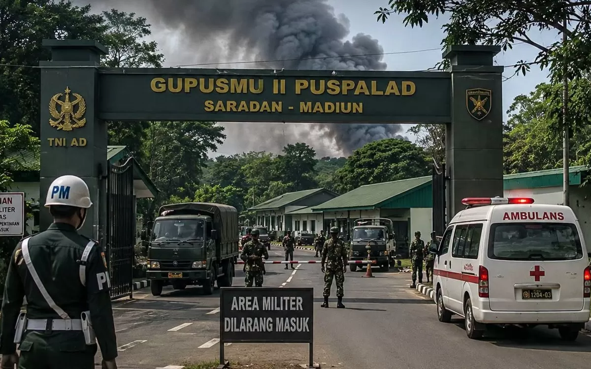 Ilustrasi pasca terjadi ledakan di Gedung Pusat Amunisi di Saradan, Madiun, yang menewaskan 1 prajurit TNI AD (Facebook Ponorogo Komunitas Online)