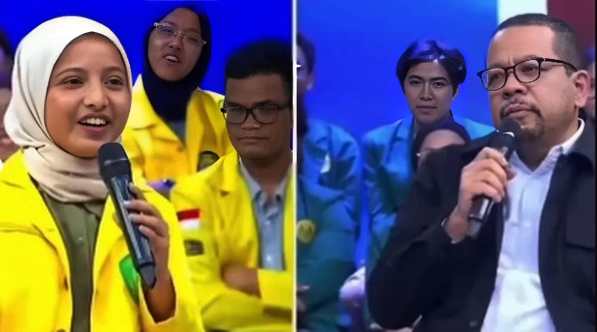 Momen Fatimah Azzahra, wakil ketua BEM UI saat berdialog dengan Kepala Bakom RI, Momen Saling Sela saat Bahas Komunikasi Pemerintah Jadi Sorotan (Instagram/fatimahzzhr)