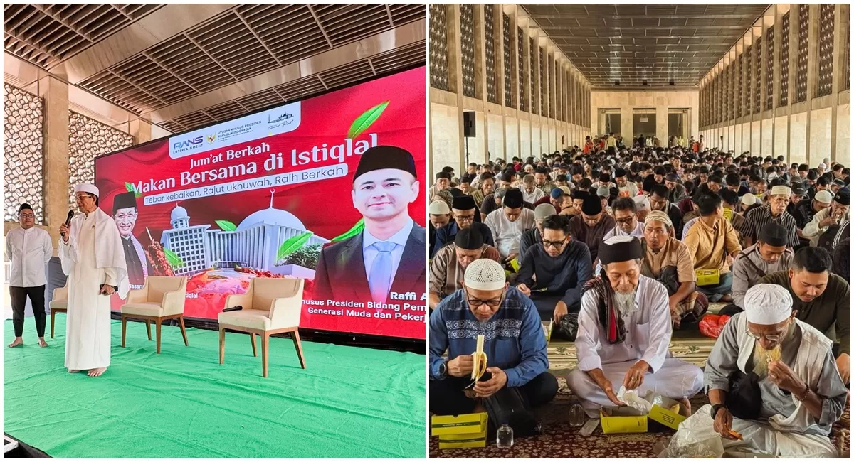Raffi Ahmad turut serta jalankan program jumat berkah bagikan 3.000 makanan kepada jemaah Masjid Istiqlal bekerjasama dengan Menag Nasaruddin Umar (Instagram/raffinagita1717)