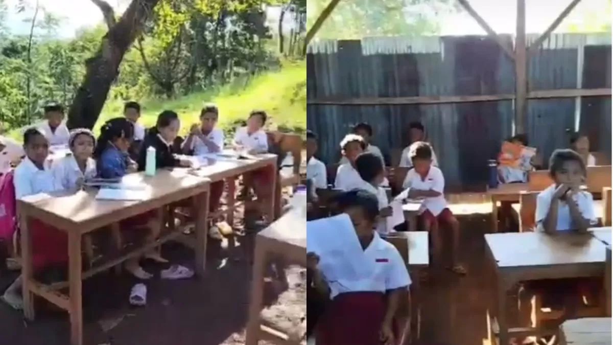 Para murid SD di Manggarai Barat NTT belajar di bawah pohon karena tidak punya ruang kelas (TikTok/karlosdurman)