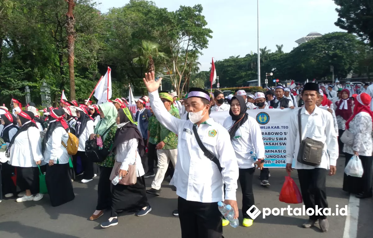 Puluhan ribu guru madrasah dan sekolah swasta akan menggelar unjuk rasa di depan Gedung DPR RI pada 20 Mei 2026 (Portaloka.id/Arman)