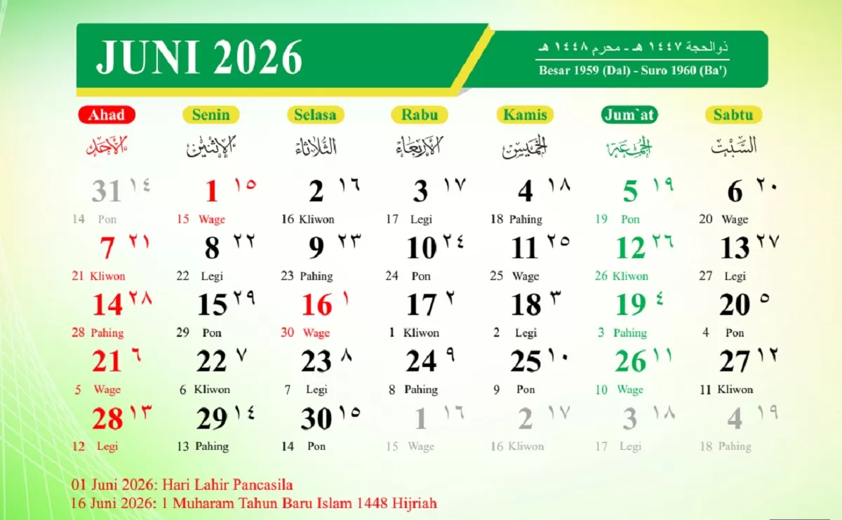 Download Kalender 2026 lengkap dengan hari besar nasional, internasional, libur dan cuti bersama Juni 2026 (Kemenag Aceh)