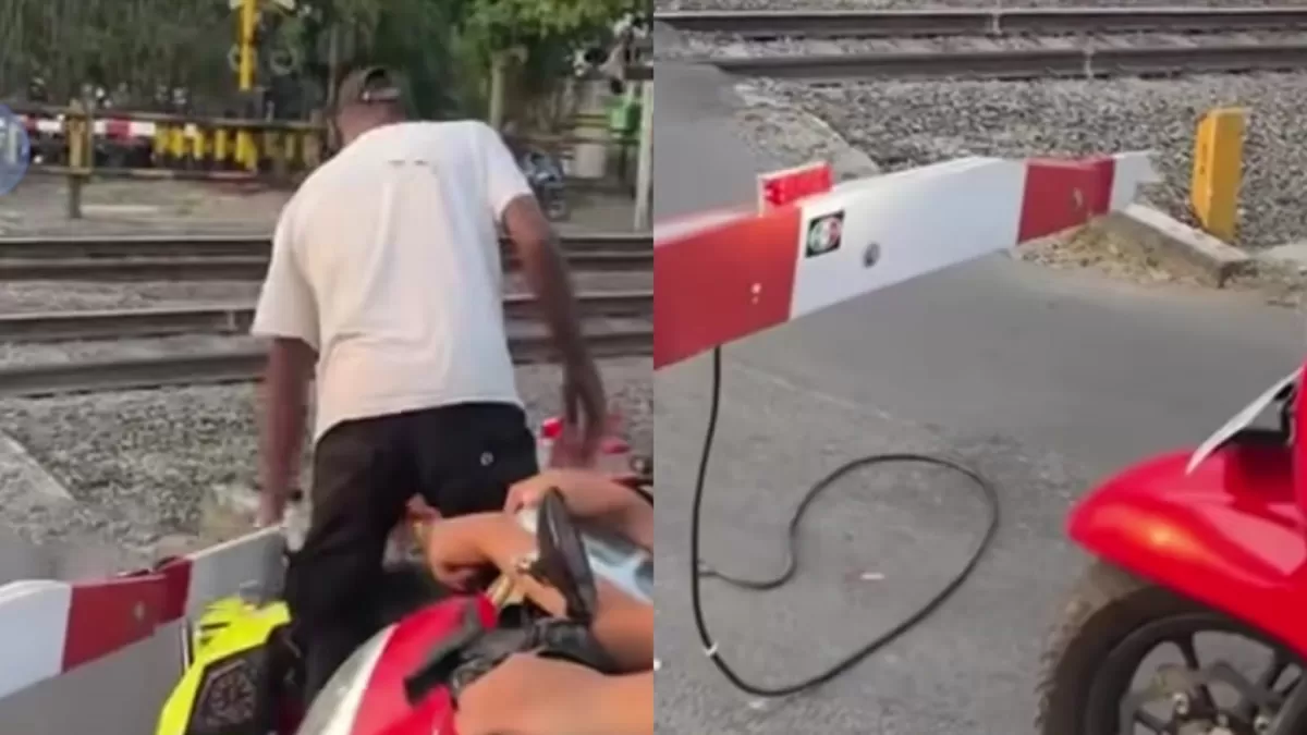 Viral aksi seorang pria merusak palang pintu kereta api di Banyuraden, Gamping, Sleman, DIY.  (Instagram/merapi_uncover)