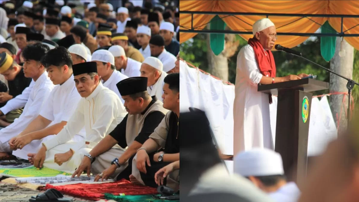 Ribuan warga Parigi Moutong penuhi halaman Kantor Bupati untuk Sholat Id. Khatib tekankan keutamaan menyayangi anak yatim sebagai kunci masuk surga.