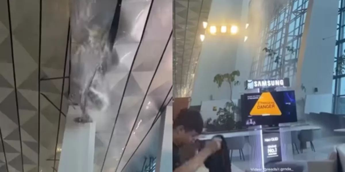 Hujan deras akibatkan atap Terminal 3 Bandara Soetta jebol di Gate 7. Air mengucur deras ganggu penumpang. Padahal ini etalase megah negara kita